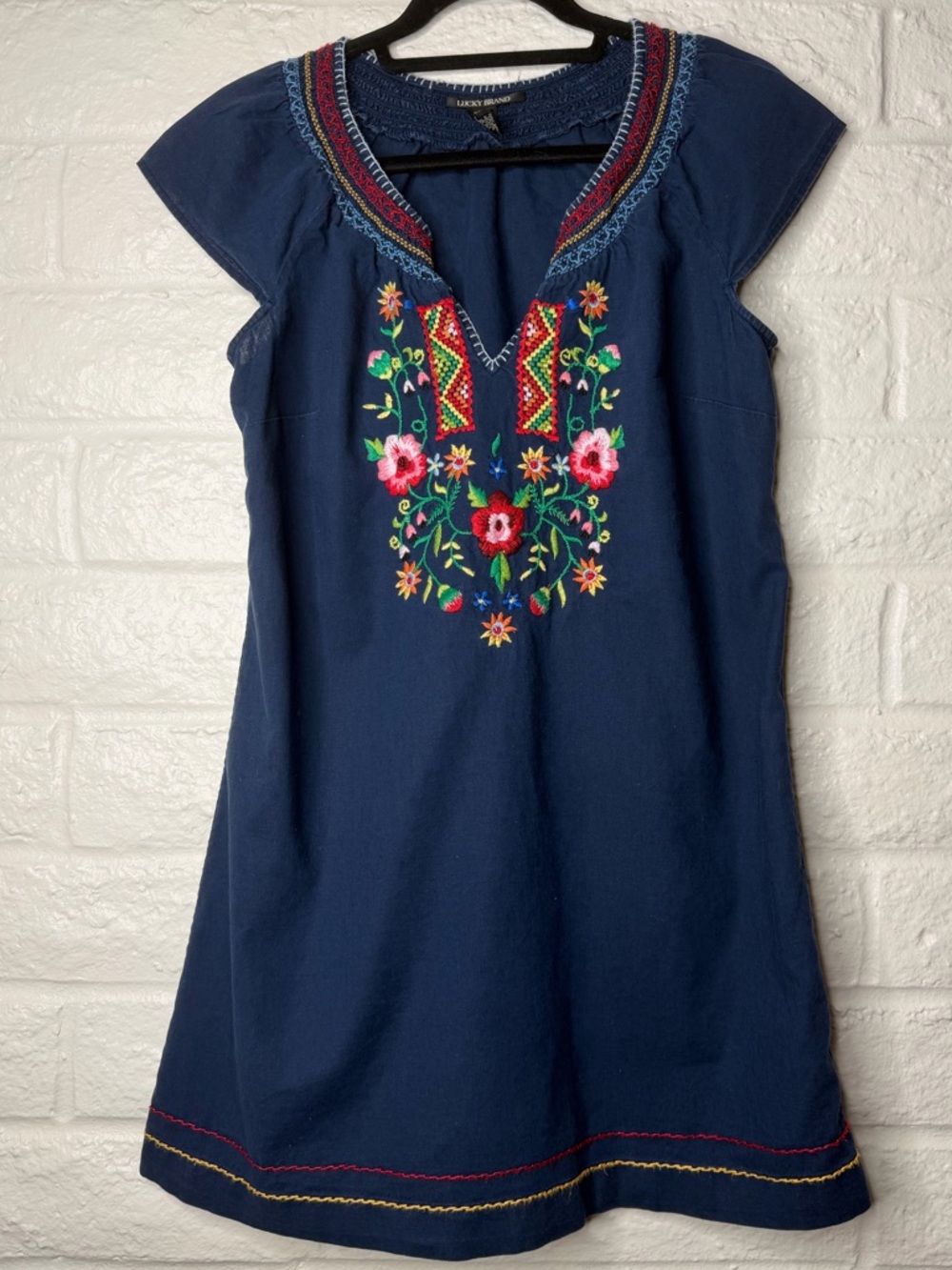 Lucky Brand Floral Embroidered Linen Blend Shift Dress Blue